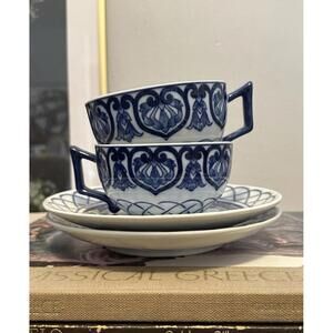 Two Bombay Company Adelaide Ceramic Cobalt Blue And White Cups And Saucers